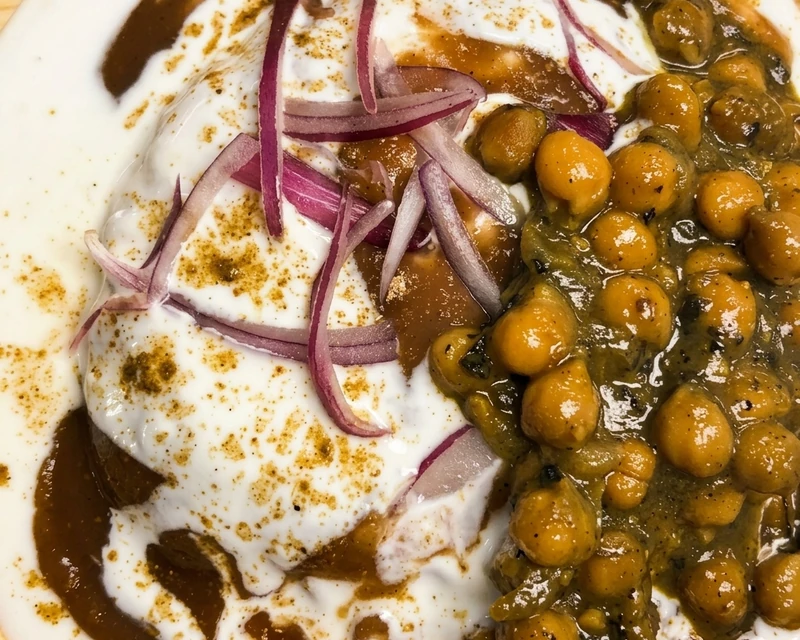 Channa laccha tikki with chickpeas and crunchy laccha at Ambala Chaat House in Edmonton, AB