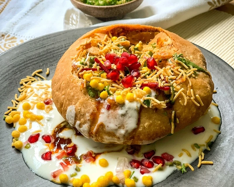 Crispy raj kachori loaded with chutneys and sev at Ambala Chaat House in Edmonton, AB