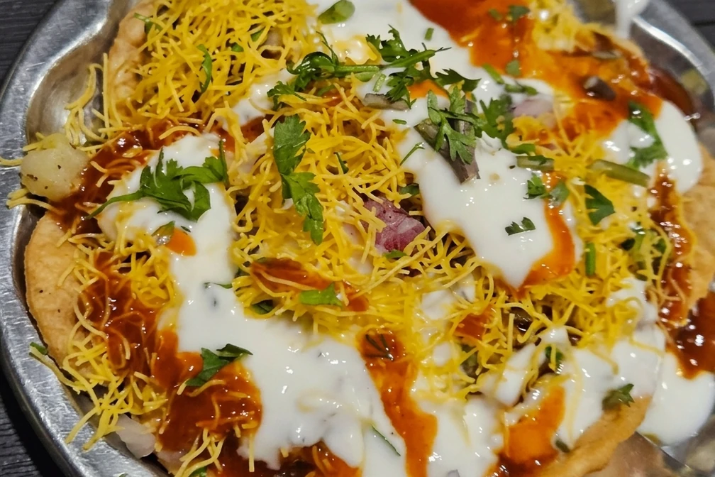 Bhalla papdi chaat with yogurt and chutneys at Ambala Chaat House in Edmonton, AB