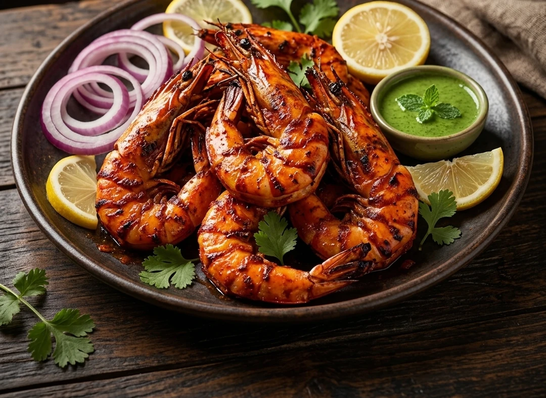 Tandoori prawns grilled with spices at Ambala Chaat House in Edmonton, AB